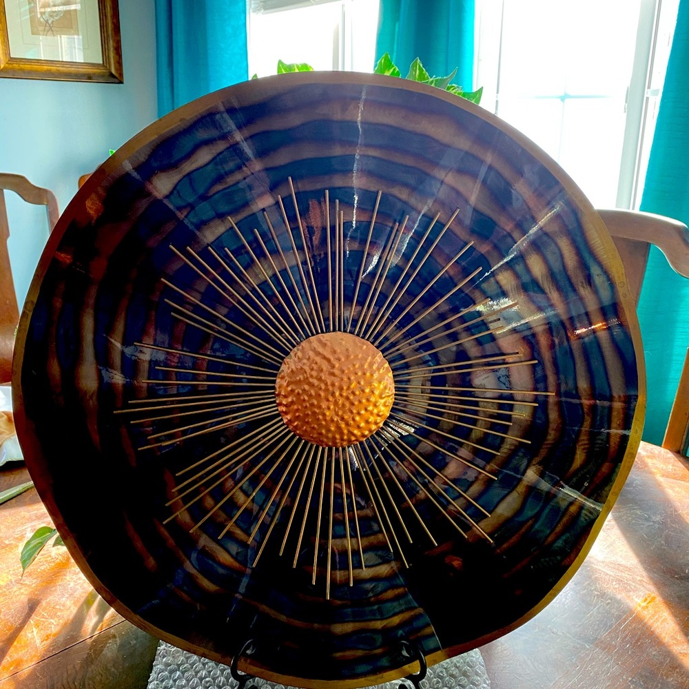 Large abstract Blue and Gold Tone Metal Wall Art.